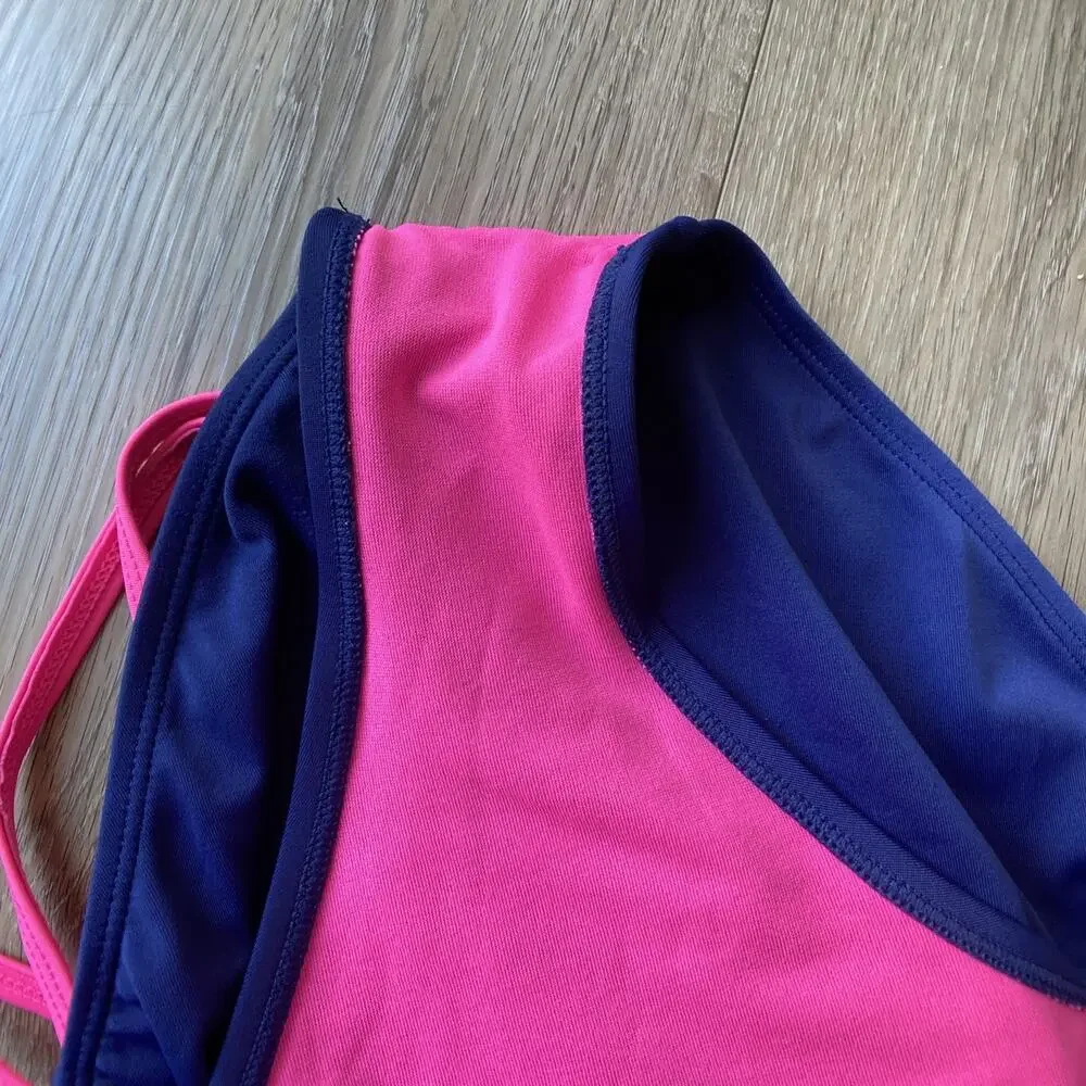 Justice One Piece Swimsuit Sz 14 Blue Pink Lining LOVE Sequin Flip Modest